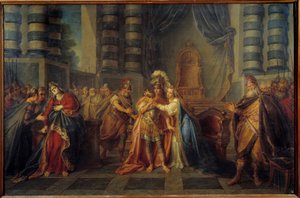 Kleopatra schluckt das Gift. Darstellung der letzten Szene des ersten Aktes von „Rodogune“ von Pierre Corneille. Gemälde von Charles Antoine Coypel (1694-1752) 1749