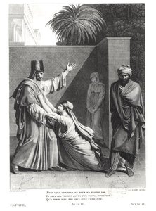 Esther fleht Assuerus in Anwesenheit von Aman an, Illustration aus Esther von Jean Racine (1639-99), graviert von J.J. Coiny (1761-1809)