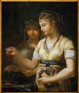 Zwei Vestalinnen bereiten ein Opfer vor. Gemälde von Antoine François (Antoine-François) Callet (1741-1823), Öl auf Leinwand von Antoine François Callet
