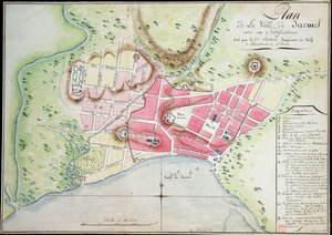Plan der Stadt Jacmel mit Befestigungen von Antoine François Sorrel des Rivieres