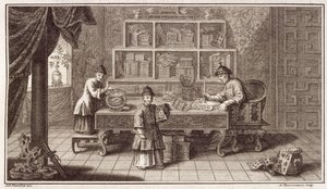 Ein chinesischer Kalligrafieladen, aus einem Bericht über die niederländische Botschaft in China, graviert von A. Maisonneuve, ca. 1670er Jahre