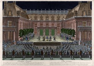 Darstellung im Marmorhof des Schlosses von Versailles, „Alceste“ von Jean Baptiste Lully (Giovanni Battista Lulli) (1632-1687) für die Feierlichkeiten anlässlich der Eroberung der Franche-Comté (1674). Gravur von Le Pautre von Antoine Le Pautre
