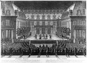 Darstellung im Marmorhof des Schlosses von Versailles von „Alceste“ von Jean Baptiste Lully (Giovanni Battista Lulli) (1632-1687) für die Feierlichkeiten anlässlich der Wiederbelebung der Franche Comté (1674). Gravur von Le Pautre (16