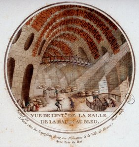 Ansicht des Inneren der neuen Markthalle, gebaut von Le Camus de Mézières zwischen 1763 und 1766, heute die Börse in Paris. In malerischen Ansichten der Hauptgebäude von Paris von Sergeant
