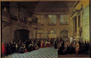 König Ludwig XIV. empfängt den Eid des Marquis de Dangeau in der Kapelle des Schlosses von Versailles am 18. Dezember 1695