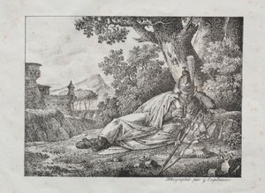 Sammlung lithografischer Versuche: Rauchender Drache am Fuße eines Baumes, 1822 von Antoine Pierre Mongin