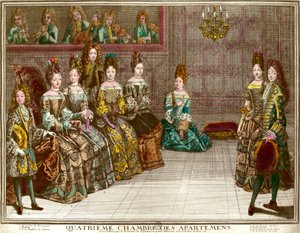 Tanz im vierten Schlafzimmer der Wohnungen der Familie von Ludwig XIV. (1638-1715) während der Abende des Apartments in Versailles um 1696