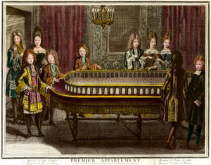 Philippe von Frankreich, Herzog von Anjou, später König von Spanien (1683-1746), Charles, Herzog von Berry (1686-1714) und Prinz von Wales spielen im ersten Appartement von Ludwig XIV. in Versailles - Kupferstich von Antoine Trouvain (1656-1708) Private Sa