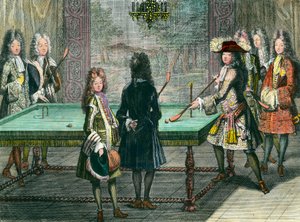 Königliches Vergnügen in Versailles, König Ludwig XIV. (1638-1715) spielt Billard mit Philippe Duc d