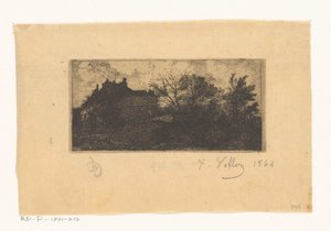 Landschaft mit Häusern hinter einem Zaun und Bäumen im Vordergrund von Antoine Vollon (signed by artist)