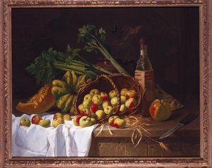 Stillleben mit einer Flasche Wein, Rhabarber und einem umgestürzten Korb mit Äpfeln auf einem Tisch von Antoine Vollon