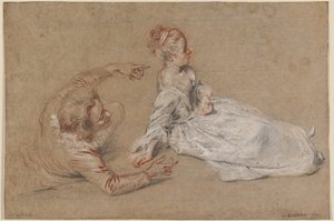 Ein liegender Mann und eine sitzende Frau auf dem Boden von Antoine Watteau