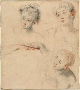 Drei Studien eines Frauenkopfes und eine Studie von Händen [recto] von Antoine Watteau