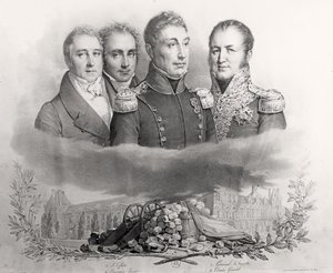 Die provisorische Regierung vom 29. Juli 1830. V.l.n.r.: Jacques Lafitte, Casimir Perier, General Lafayette und Comte Etienne Maurice Gerard, 1831