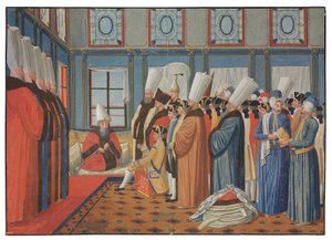 Die Vorstellung des Grafen de Vergennes, Botschafter von Ludwig XV., bei Reis Effendi, Großwesir des osmanischen Sultans Uthman III. am 31. Mai 1755