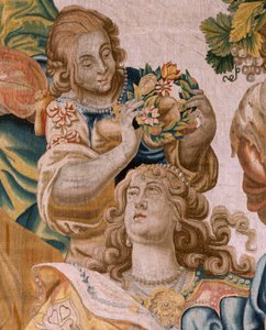Flämischer Wandteppich. Serie Geschichte des Theseus. Bacchus nimmt Ariadne zur Frau. Neunter Wandteppich der Serie. Modell Anthonis Sallaert. Herstellung Jan Raes der Jüngere, Brüssel. Ca 1630. Stoff Seide und Wolle. Größe 392 x 45