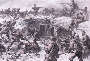 Die Niederlage des Moskauer Grenadierkorps durch schlesische, preußische und kaiserliche deutsche Truppen, aus Die illustrierte Geschichte des Weltkriegs 1914-1915, veröffentlicht von Union Berlagsefellfchaft von Anton Hoffman