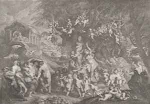 Das Fest der Venus mit Gruppen von Satyrn, Nymphen und Putti, die um eine Statue tanzen von Anton Joseph von Prenner