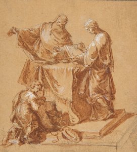 Ein Hohepriester, die Prophetin Anna und ein kniender Junge um einen Tisch, 1745