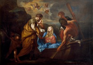 Die Flucht nach Ägypten. Die heilige Familie besteigt ein Boot. Gemälde von Anton Maria Piola (1654-1715) von Anton Maria Piola