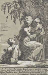 Eine Frau steht am Fuße eines Baumes und hält ein Kleinkind, mit einem sitzenden Jungen von Anton Maria Zanetti