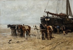 Bomschuit mit Schlepppferden am Strand von Scheveningen