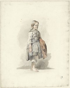 Stehendes Mädchen mit Krug und Mantel unter dem Arm