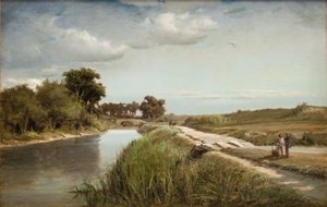 Französische Flusslandschaft mit einer Brücke von Anton Melbye
