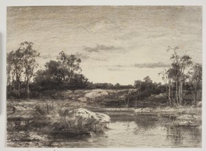 Landschaft mit einem Fluss oder See im Vordergrund
