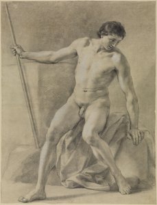 Sitzender männlicher Akt, fast frontal, Stab in der Rechten, niederblickend von Anton Raphael Mengs