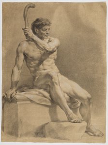 Sitzender männlicher Akt, schräg nach rechts, mit der Linken eine kleine Keule emporhaltend von Anton Raphael Mengs