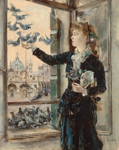 Mädchen an einem Fenster zum Markusplatz, Tauben fütternd von Anton Romako