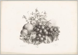 Blumen, Pfirsich, Nektarine, Trauben und Brombeeren