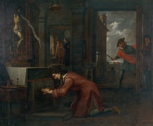 Der heilige Franziskus erhält vom Kruzifix in San Damiano den Auftrag, das Haus Gottes zu reparieren von Antoni Viladomat Y Manalt