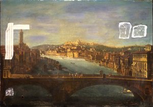 Ansicht von Verona mit der Kirche S. Anastasia, dem Castel San Pietro, dem Castel San Felice und der Ponte Nuovo über den Fluss Adige, 1735