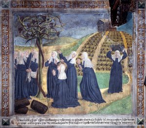 Leben der heiligen Francesca Romana: Die Heilige pflegt den Weinberg mit den Schwestern und lässt im Januar Trauben erscheinen (Fresko)