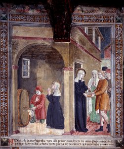 Leben der heiligen Francesca Romana: Ein Fass Wein, das die Heilige für die Armen verwendet, wird auf wundersame Weise voll gefunden (Fresko) von Antoniazzo Romano