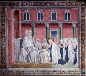 Leben der heiligen Francesca Romana: Die Heilige und die Oblaten bieten sich dem Benediktinerorden an und lassen sich in der Kirche Santa Maria Nova, Rom, nieder (Fresko) von Antoniazzo Romano