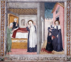 Leben der Heiligen Francesca Romana: Die Heilige heilt einen Mann, der sein Bein verloren hat von Antoniazzo Romano