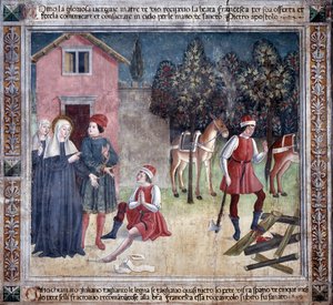 Leben der heiligen Francesca Romana: Die Heilige heilt einen Mann mit einem verwundeten Fuß von Antoniazzo Romano