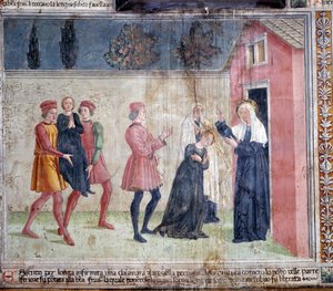 Leben der hl. Francesca Romana: Die Heilige trifft eine gelähmte Frau namens Jacobella und verspricht, sie zu heilen von Antoniazzo Romano