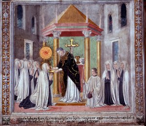 Leben der heiligen Francesca Romana: Als die Heilige die Kommunion empfing, erschien eine leuchtende Kugel über ihr (Fresko) von Antoniazzo Romano