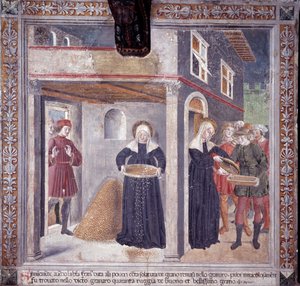 Leben der hl. Francesca Romana: Während einer schweren Hungersnot im Jahr 1402 gibt Francesca ihr gesamtes Getreide den Armen von Antoniazzo Romano