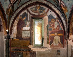 Links weiht Papst Gregor IX., damals Bischof der Stadt Ostia, die Kapelle (12. Jahrhundert) ein, rechts die Pietà, ein späteres Fresko von Antonio Aquili genannt Antoniazzo Romano (aktiv um 1461-1508). 15. Jahrhundert. Kapelle des Hl. Gregor, Kloster von S von Antoniazzo Romano