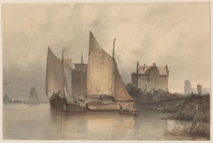 Flussansicht mit einem Segelschiff von Antonie Waldorp