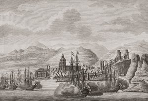 Niederländische Flotte vor Malaga, Spanien 1784, Salut schießend. (Druck) von Antonio (after) Suntach