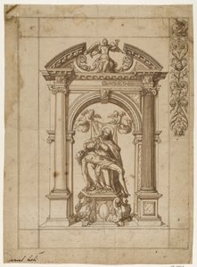 Entwurf für ein Prozessionsbanner mit einer Pietà unter einer aufwendigen Altararchitektur in Form eines Triumphbogens und Teil des Randdesigns oben rechts