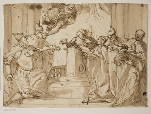 Vier Dogen und ein Mann in einem Mantel mit der Dogenkappe in den Händen, mit der Verkündigung (?) im Hintergrund
