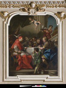 Heiliger Gregor der Große an einem Tisch mit Jesus als Pilger verkleidet, neben dem Papst die Taube des Heiligen Geistes, 1729-1731 von Antonio Balestra