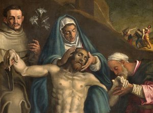 Nordquerhaus, Altar der Grablegung, Grablegung Christi unterstützt von der Jungfrau und den Heiligen Raymond und Antonius von Padua, Antonio Campi 1566, Detail (Altarbild)